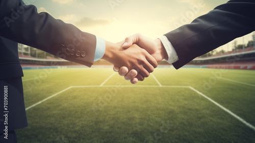 handshake between two professionals, handshake with soccer field background,  business people shaking hands in the office, business handshake on the background of the city, Ai generated image