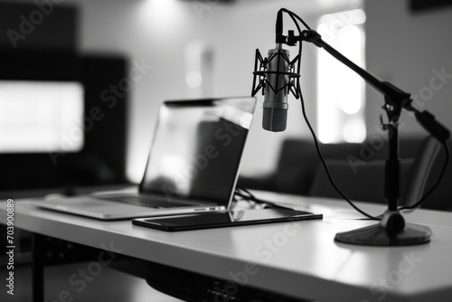 Monochrome image of podcasting microphone setup with laptop white desk in a bright studio