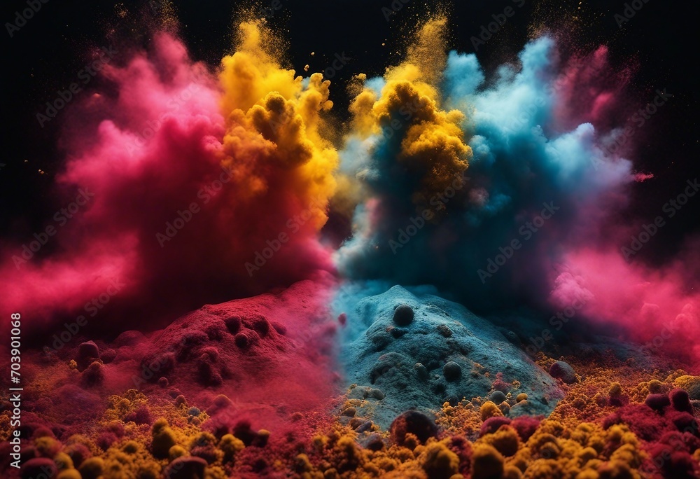 Red and yellow colored powder explosions on black background Holi paint powder splash in colors