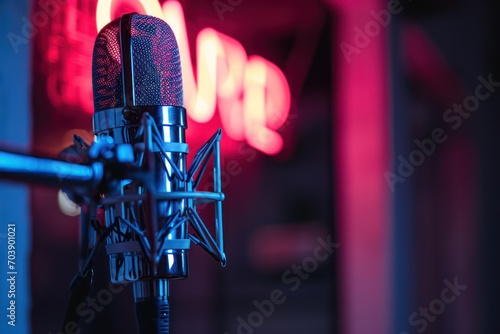 Professional microphone in studio with red neon On Air sign live podcasting or radio broadcasting photo