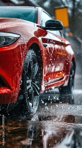 Automotive Detailer Washing Away Smart Soap and Foam from a Red Performance Car Using a High-Pressure Water Washer. The Close-Up Shot Highlights the Attention to Detail and Care  © Lila Patel