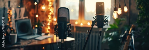 Professional podcast setup with microphone and bokeh lights, creating a cozy recording atmosphere photo
