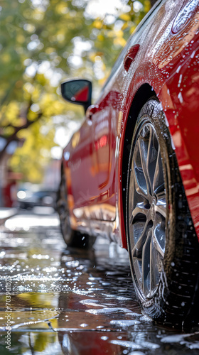 Automotive Detailer Washing Away Smart Soap and Foam from a Red Performance Car Using a High-Pressure Water Washer. The Close-Up Shot Highlights the Attention to Detail and Care 