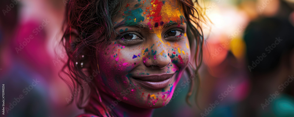 Vibrant and expressive portrait of girl during Holi celebrations Vibrant and expressive portrait of girl during Holi celebrations