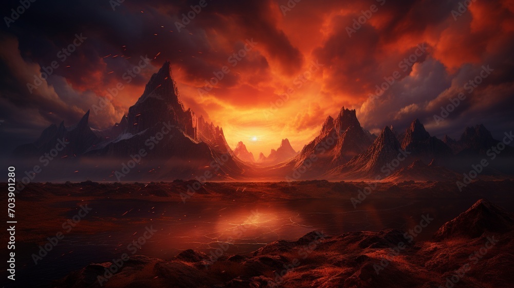 A dramatic sunset over jagged mountain peaks, casting a warm, fiery glow.