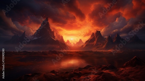 A dramatic sunset over jagged mountain peaks, casting a warm, fiery glow.