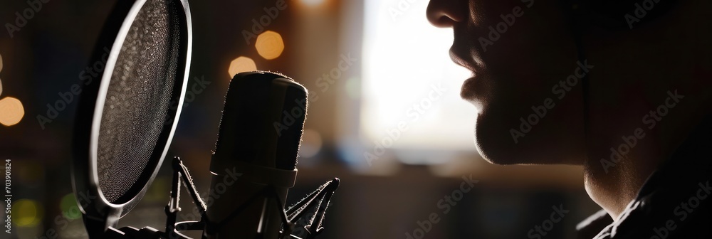 Silhouette of podcaster speaking into studio microphone, intimate recording session. - obrazy, fototapety, plakaty 