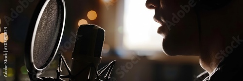 Silhouette of podcaster speaking into studio microphone, intimate recording session. photo