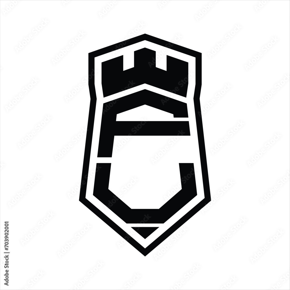 FU Letter Logo monogram hexagon shield shape up and down with crown castle isolated style design FU Letter Logo monogram hexagon shield shape up and down with crown castle isolated style design