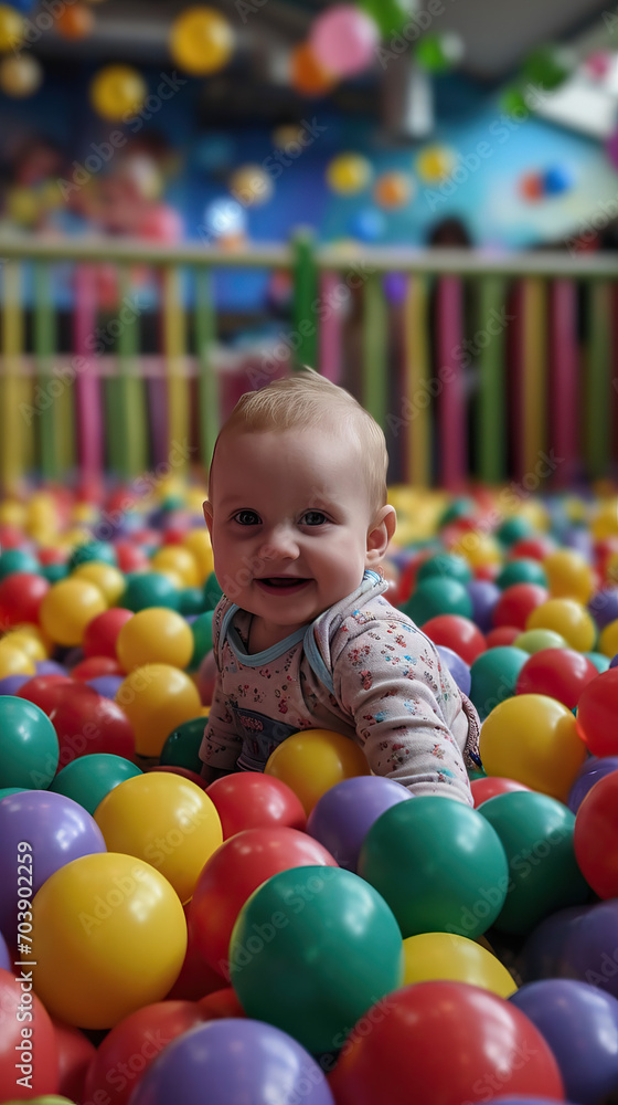 Obraz premium Baby Engages in Playful Exploration amidst a Colorful Ball Pit, Delighting in a World of Vibrant Hues and Playful Surfaces