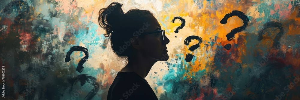 woman face vibrant abstract background with floating question marks, curiosity and contemplation - obrazy, fototapety, plakaty 