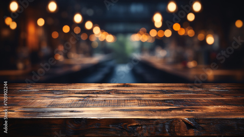 An empty wooden table top with a blurred background photo
