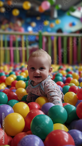 Baby Engages in Playful Exploration amidst a Colorful Ball Pit, Delighting in a World of Vibrant Hues and Playful Surfaces