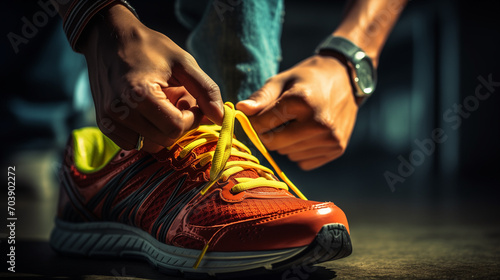 Person tying a shoe, Person tying their shoes, Tying sports shoes close shot, Ai generated image