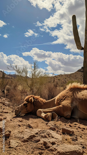 Relaxed Camel Takes a Nap Next to a Majestic Cactus in the Arid Landscape