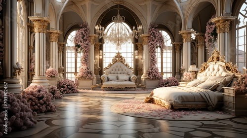 Ornate bedroom with pink flowers and large windows photo