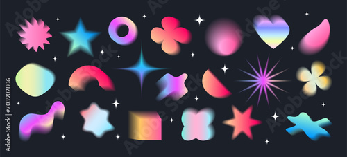 A large set of abstract blurred shapes.  Gradient fill in retrofuturism style, retro wave, y2k, 2000s. Bright acidic colors on a black background