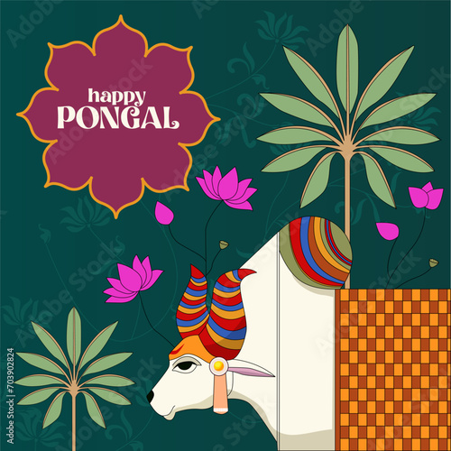 Pongal Celebration Greeting Card Overflowing Clay Pot, Abundant Rice, Sugarcane, Bananas, Leaves on Vibrant Green Background