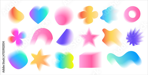 A large set of abstract blurred shapes.  Gradient fill in retrofuturism style, retro wave, y2k, 2000s. Bright acidic colors on a white background
