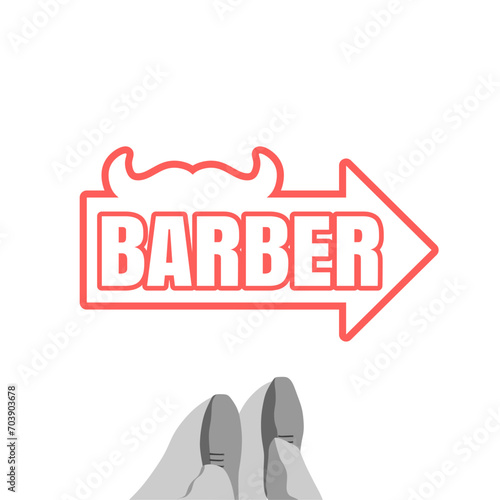 Vintage barber shop emblem or label. Monochrome linear style. Mustache icon with arrow and text