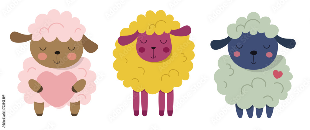 Character sheep pink, green and yellow. set of cute cartoon illustration. Design for Kids, Girls, Boys. A collection of vector illustration. Love concept in cartoon style. Cute sheep with heart Character sheep pink, green and yellow. set of cute cartoon illustration. Design for Kids, Girls, Boys. A collection of vector illustration. Love concept in cartoon style. Cute sheep with heart