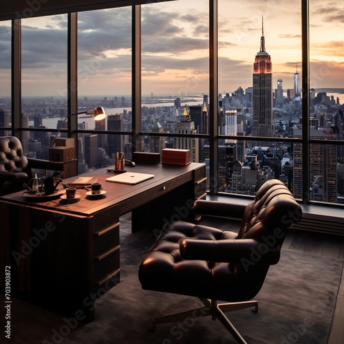 leather chair with desk and view of Manhattan skyline