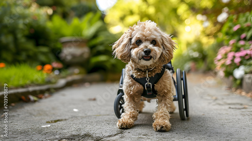 A maltipoo dog in a wheelchair is happily walking outdoors on the street. generative AI.