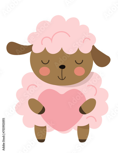 cute cartoon illustration - sheep pink and brown. Design for Kids, Girls, Boys. Character Design. vector illustration. Love concept in cartoon style. Cute sheep with heart.