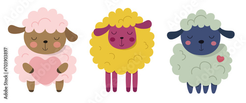 Character sheep pink, green and yellow. set of cute cartoon illustration. Design for Kids, Girls, Boys. A collection of vector illustration. Love concept in cartoon style. Cute sheep with heart
