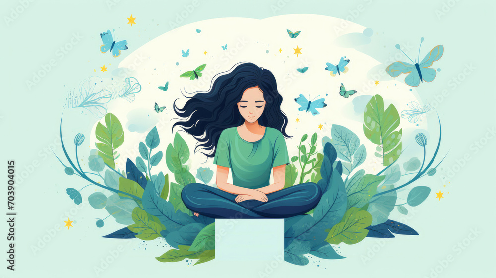 Serene illustration of woman in meditative pose at nature in green colors, sense of peace, connection with environment, mindfulness, tranquility, well-being, inner peace. Mental Health Awareness
