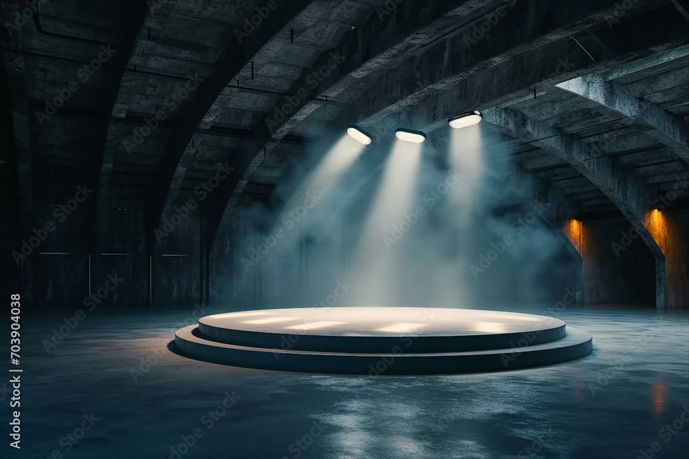 Perspective view dark smokey garage interior with spotlight and round pedestal on concrete floor, product presentation background and empty stage concept. 3D Rendering, mockup. generative ai. - obrazy, fototapety, plakaty 