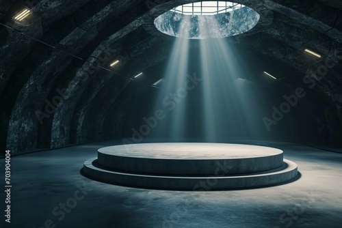 Perspective view dark smokey garage interior with spotlight and round pedestal on concrete floor, product presentation background and empty stage concept. 3D Rendering, mockup. generative ai. © SEUNGJIN