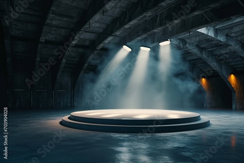 Perspective view dark smokey garage interior with spotlight and round pedestal on concrete floor, product presentation background and empty stage concept. 3D Rendering, mockup. generative ai. photo
