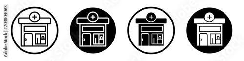 Pharmacy icon set. pharmacist drugstore builiding vector symbol in a black filled and outlined style. Medicine shop sign. photo