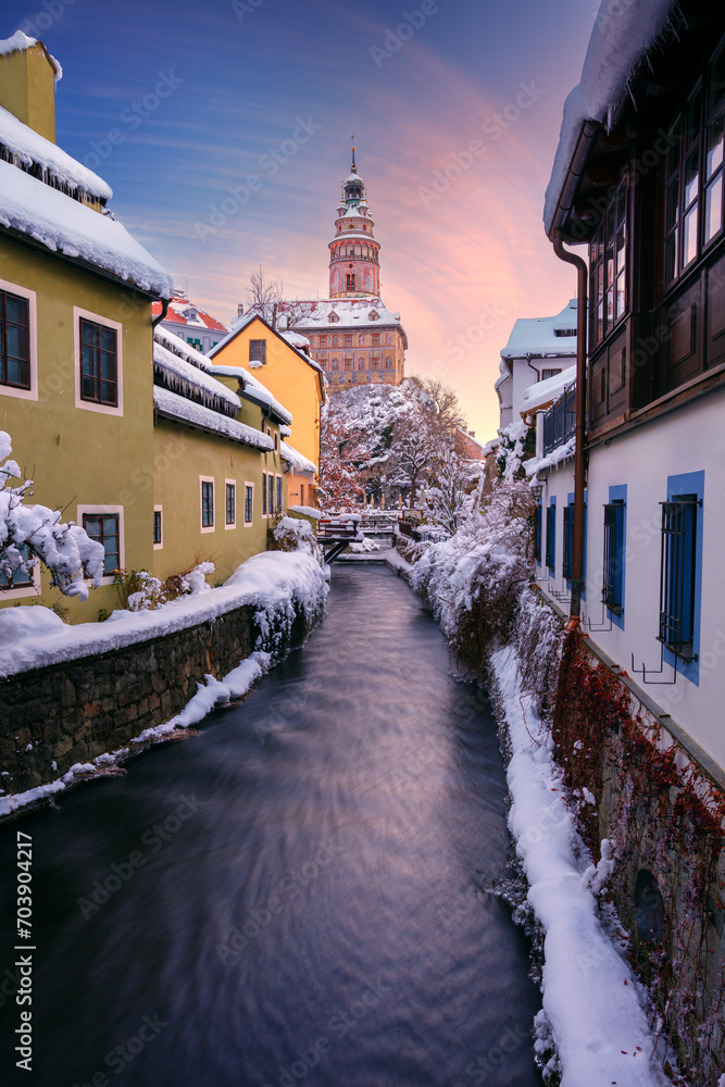 Cesky Krumlov, Czech Republic. Cityscape image of Cesky Krumlov, Czech Republic at beautiful cold winter sunrise.