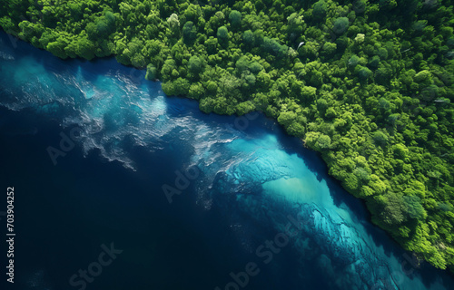 Aerial view of greenery landscape with turquoise river and forest  natural boundary. Blue water and green foliage contrast  beauty of untouched natural environment and sustainable ecosystem. Earth day
