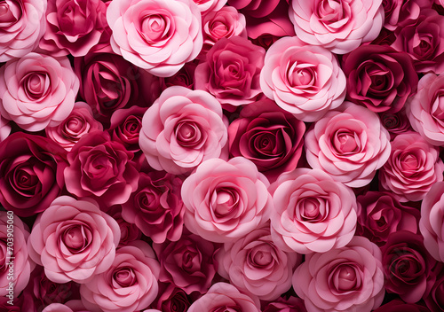 Beautiful pink rose and red artificial roses as a background. Valentine s day background