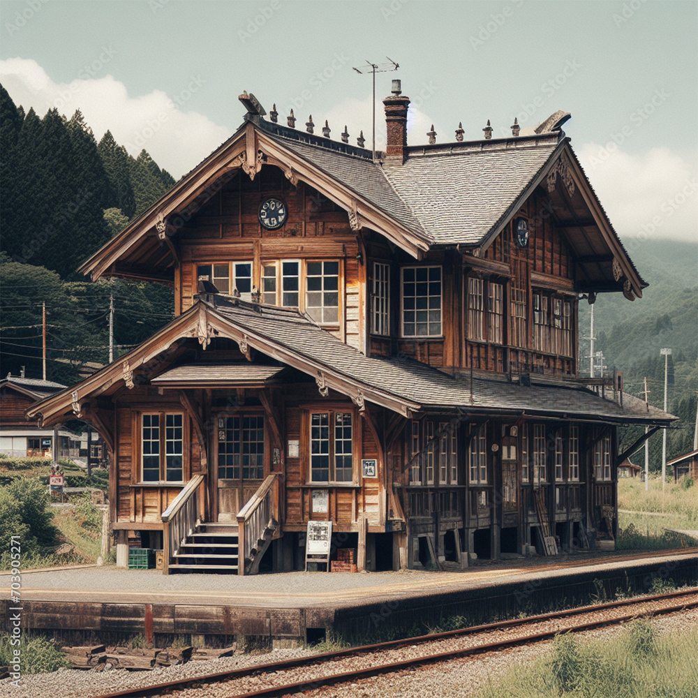 昭和のような趣のある木造で建てられた古びた田舎の駅舎 ilustración de Stock | Adobe Stock