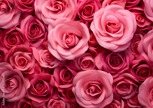 Beautiful pink rose and red artificial roses as a background. Valentine s day background