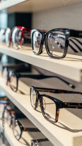 stylish modern trendy eyeglasses on the optical store on wooden shelves, vertical © Dmitriy