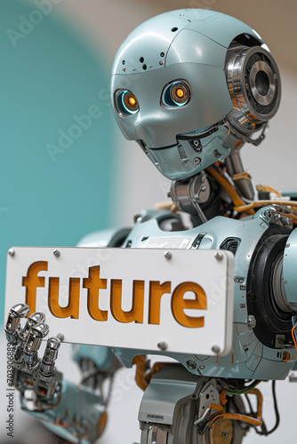 Robot holding "future" sign, digital transformation in business concept