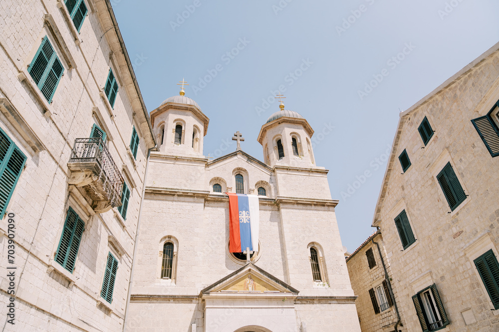 Facade and bell towers of the Church of St. Nicholas. Kotor, Montenegro