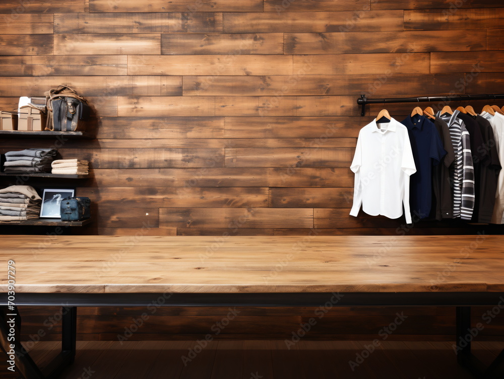 Rustic Wood Background with Table and Clothes Display