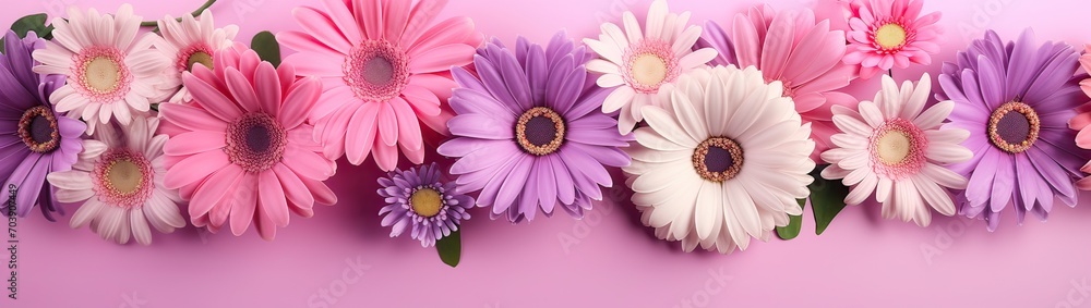 Bright summer background with pink, purple and white gerbera flowers and green leaves on pink background, web banner Bright summer background with pink, purple and white gerbera flowers and green leaves on pink background, web banner