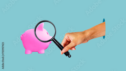 Collage with piggy bank and magnifying glass. Investigating capital origins. Anti money laundering, tax evasion. Transparency and accountability. Study terms and conditions on deposit