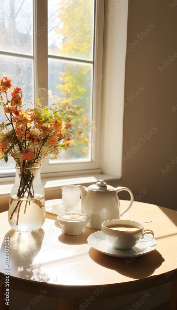 Fototapeta premium Still life with flowers by the window