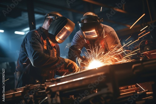 Two industrial welders in protective gear working on a metal structure with sparks flying photo