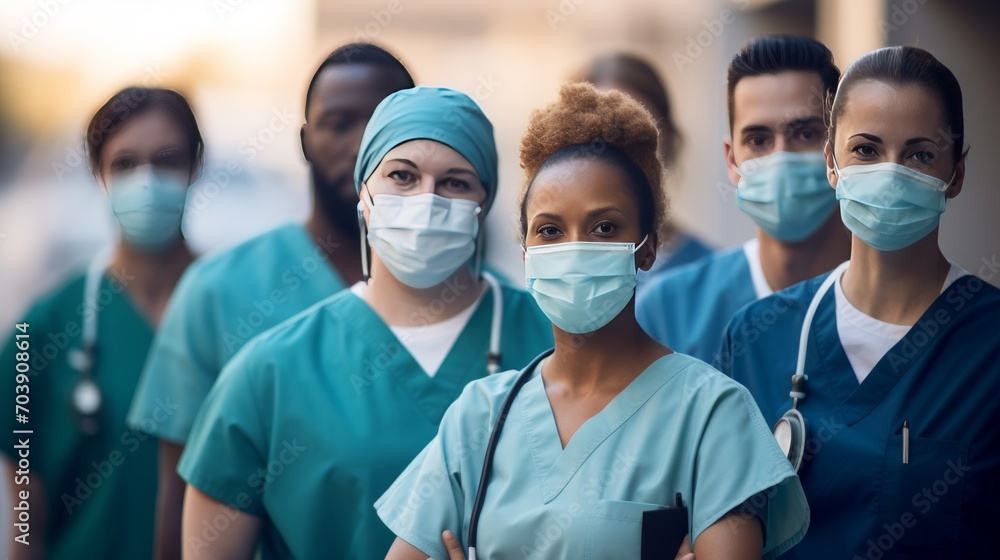 Group of doctors with face masks looking at camera, male and female doctors portrait looking at camera. Group of doctors with face masks looking at camera, male and female doctors portrait looking at camera.