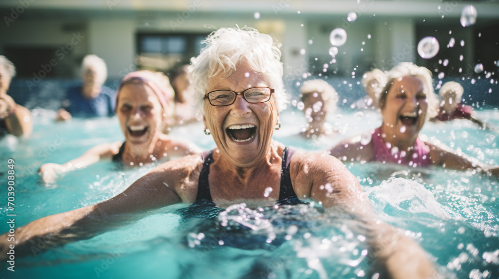 Senior women enjoying  swimming class in a pool. displaying joy and camaraderie, embodying a healthy, retired lifestyle.