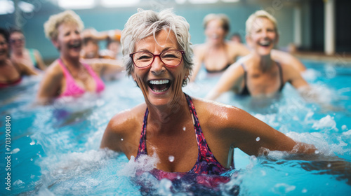 Senior women enjoying  swimming class in a pool. displaying joy and camaraderie, embodying a healthy, retired lifestyle. © Banu